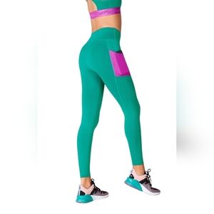 Fabletics High-Waisted SculptKnit Pocket Leggings Dark Jade/Fiesta Green Pink SM